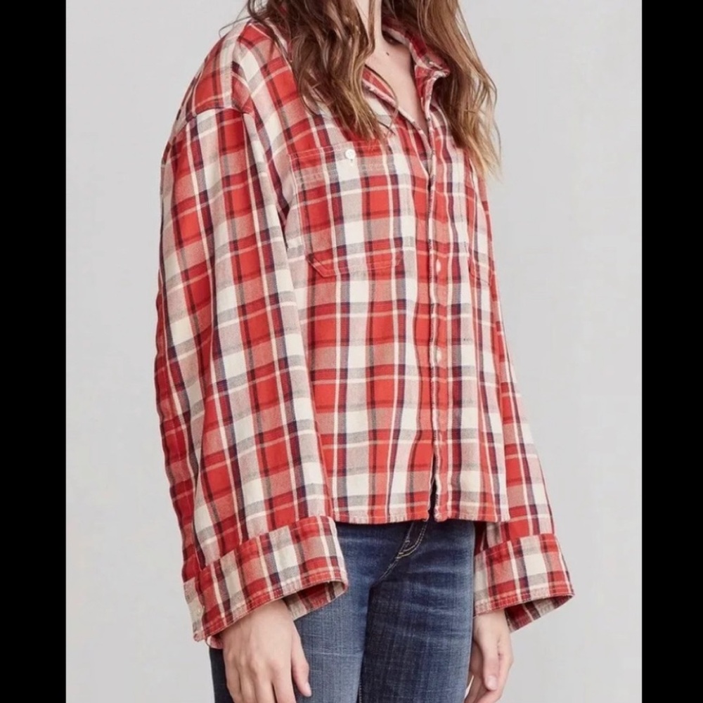 Womens Red Plaid Button-Front Shirt